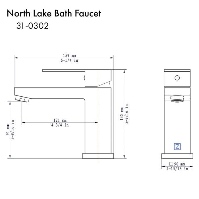 ZLINE North Lake Bath Faucet in Chrome dimensions and design details for modern bathroom aesthetics.
