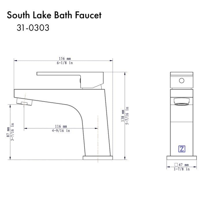 ZLINE South Lake Bath Faucet in Chrome design dimensions and specifications diagram.
