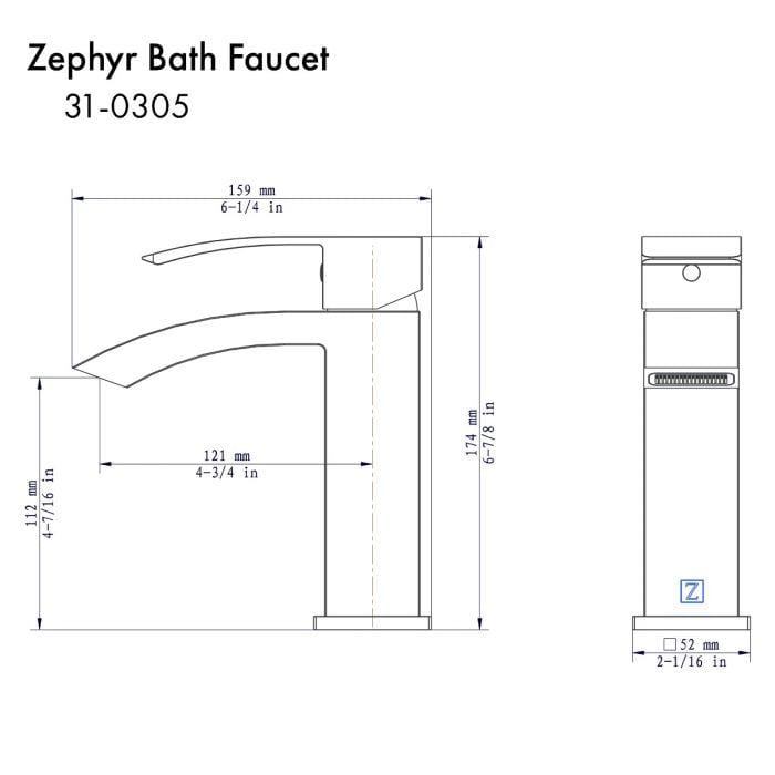 ZLINE Zephyr Bath Faucet in Chrome dimensions and specifications drawing