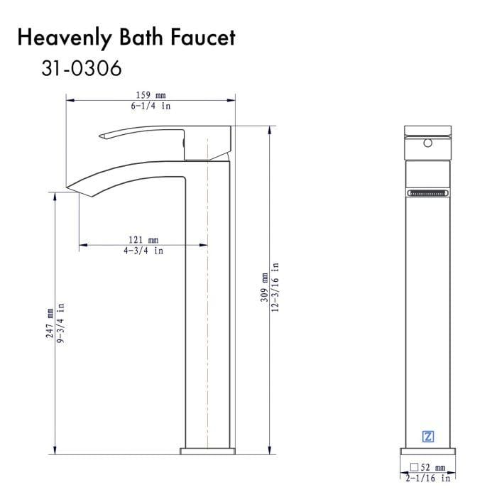ZLINE Heavenly Bath Faucet in Chrome dimensions and design details, showcasing celestial-inspired elegance.