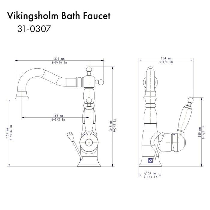 ZLINE Vikingsholm Bath Faucet technical drawing with dimensions for installation