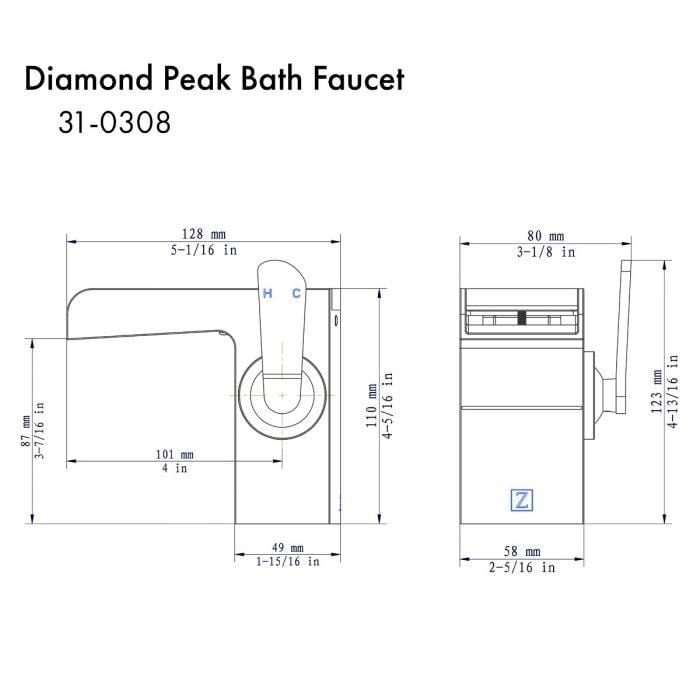 ZLINE Diamond Peak Bath Faucet technical specifications and dimensions diagram