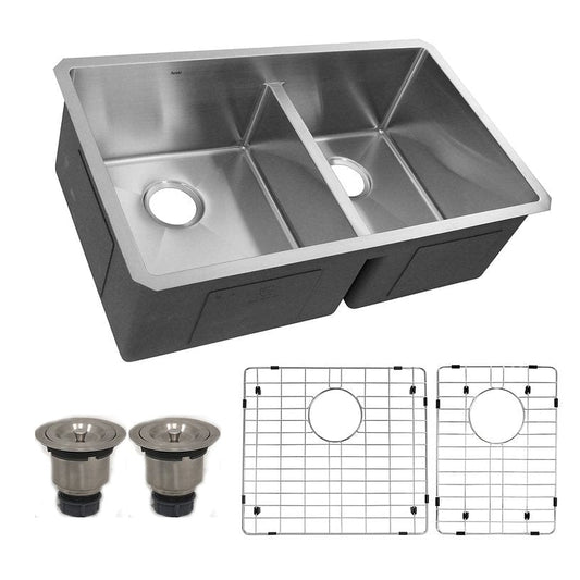 Nantucket 32" Pro Series Undermount Kitchen Sink SR3219-OS-16 with double bowl design and accessories.