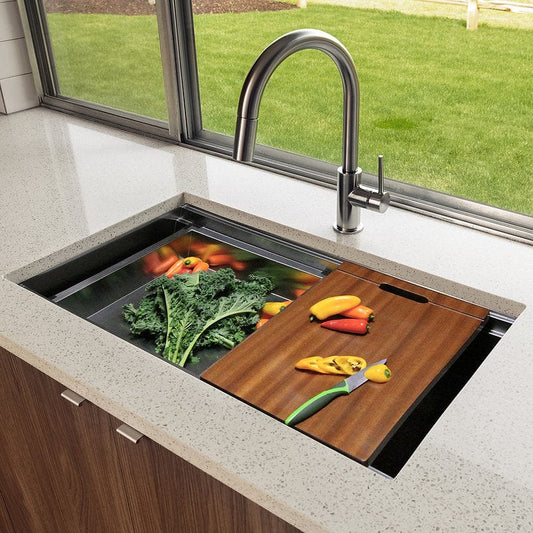 Nantucket 18" Prep Station Sapele Hardwood Cutting Board CB-S18121 in a kitchen sink with fresh vegetables.
