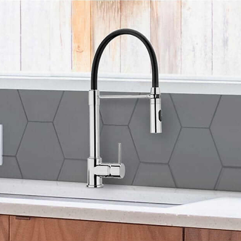 FORTIS Culinary Single Handle Pull-Down Kitchen Faucet in Brushed Nickel on modern kitchen countertop.