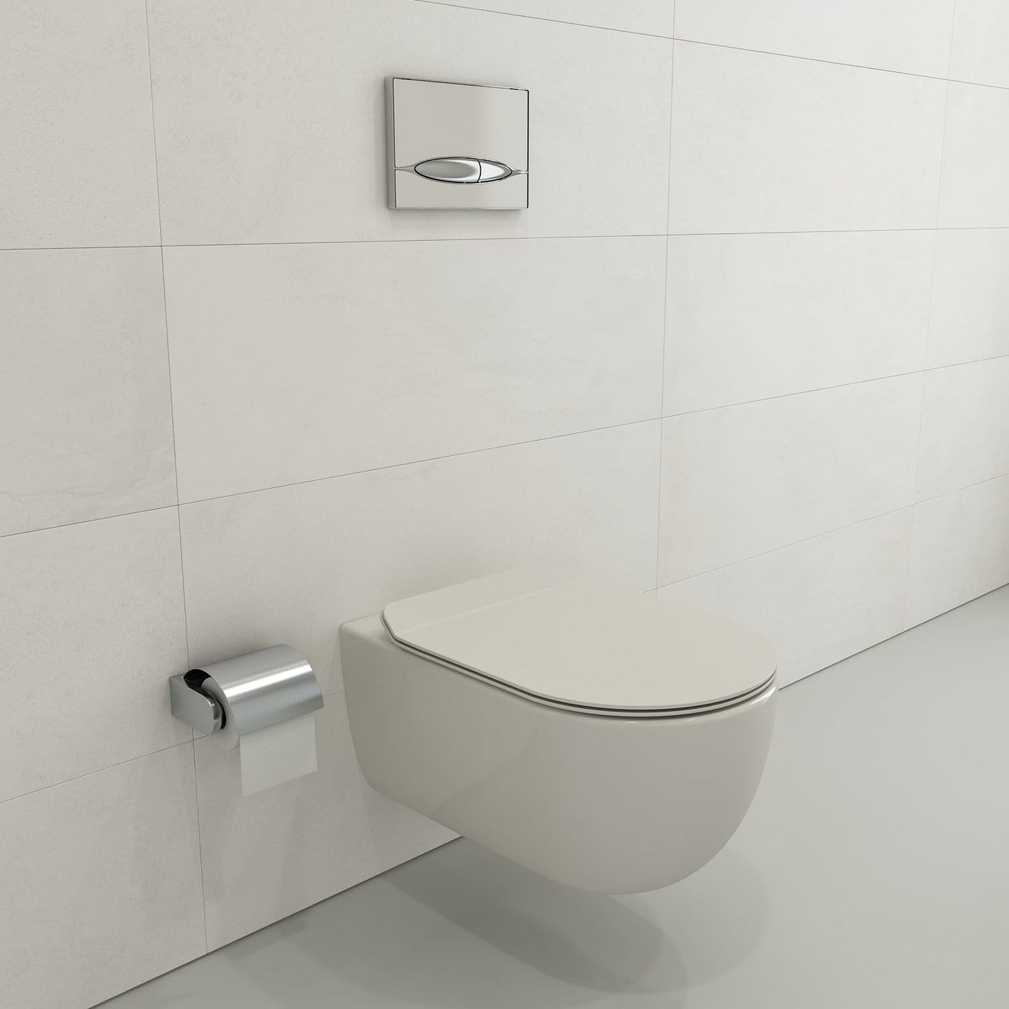 BOCCHI VETTORE Soft-Close Toilet Seat in biscuit color, ultra-slim design showcased in a modern bathroom setting.