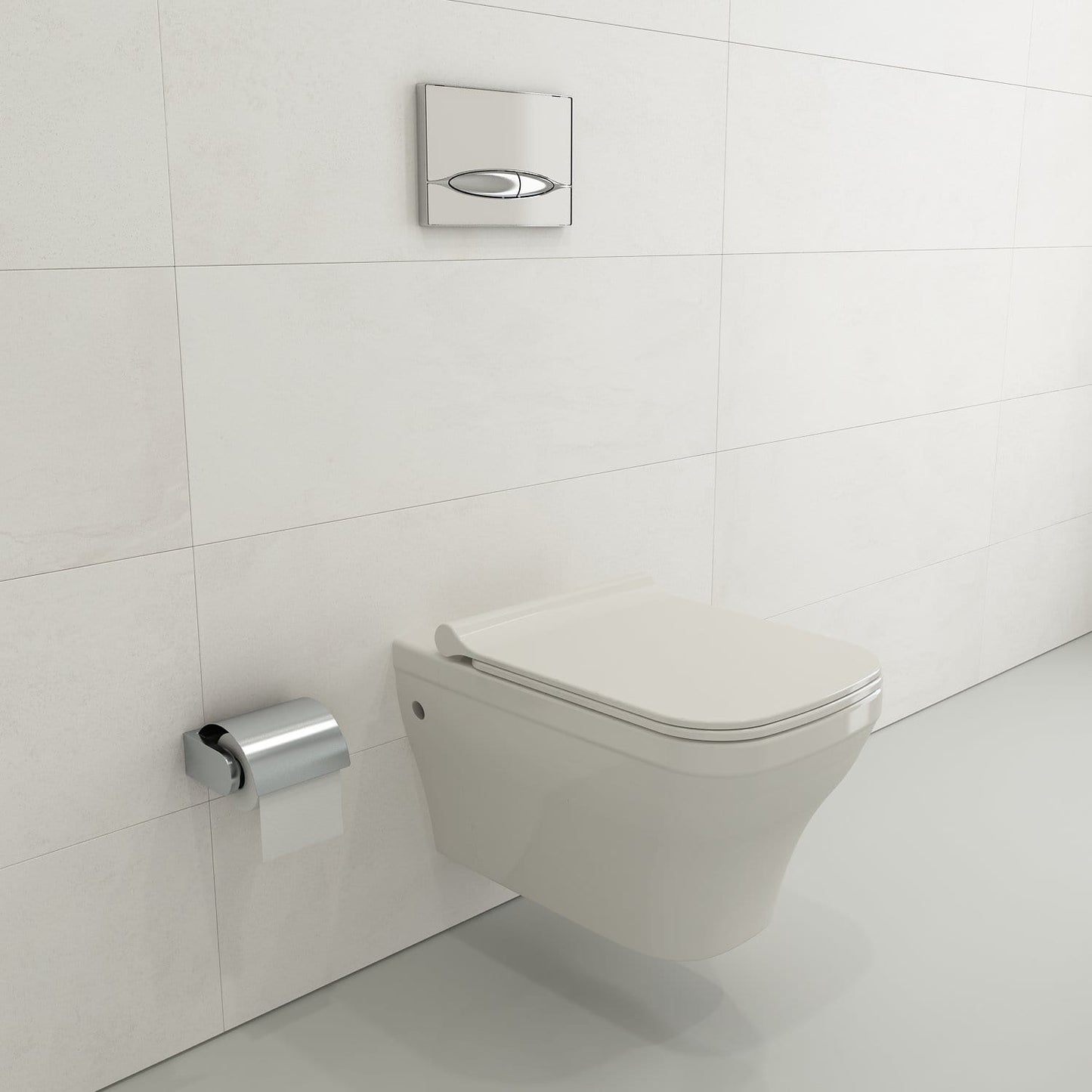 BOCCHI FIRENZE Soft-Close Toilet Seat installed on sleek wall-hung toilet in modern bathroom setting.