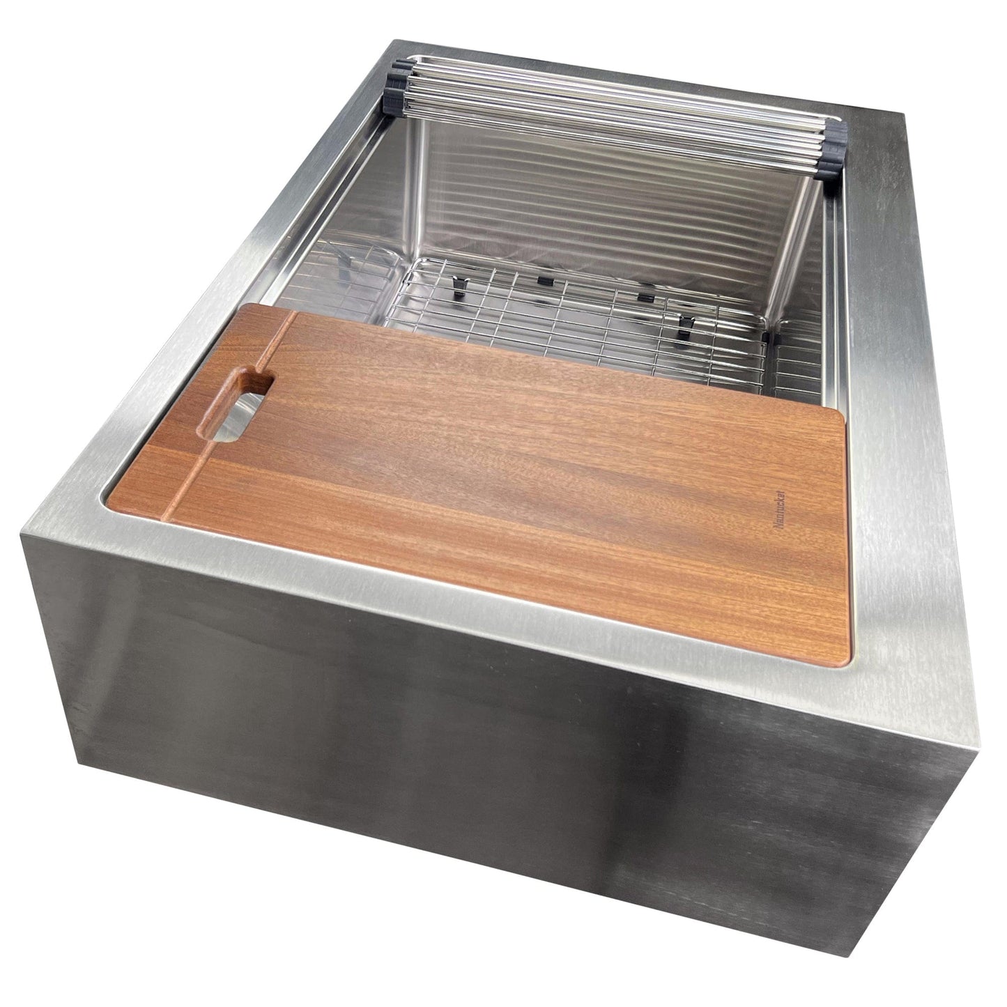Nantucket 33" Pro Series Single Bowl Apron Front Stainless Steel Kitchen Sink - AP-PS-3221-16 with wooden cutting board and accessories.