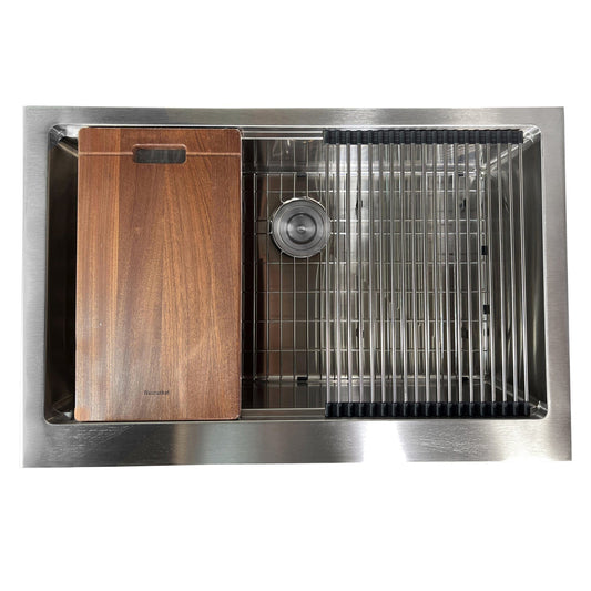 Nantucket 33" Pro Series Single Bowl Apron Front Stainless Steel Kitchen Sink - AP-PS-3221-16 with cutting board and grate.