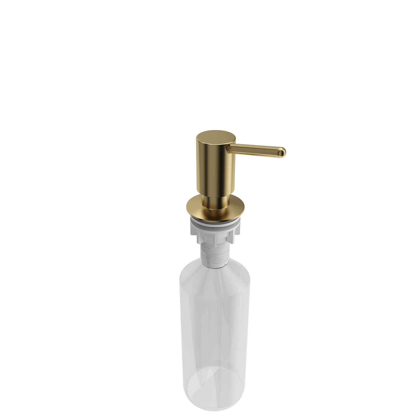 BOCCHI TRONTO 2.0 Kitchen Soap Dispenser with gold pump and clear bottle for convenient kitchen hygiene.