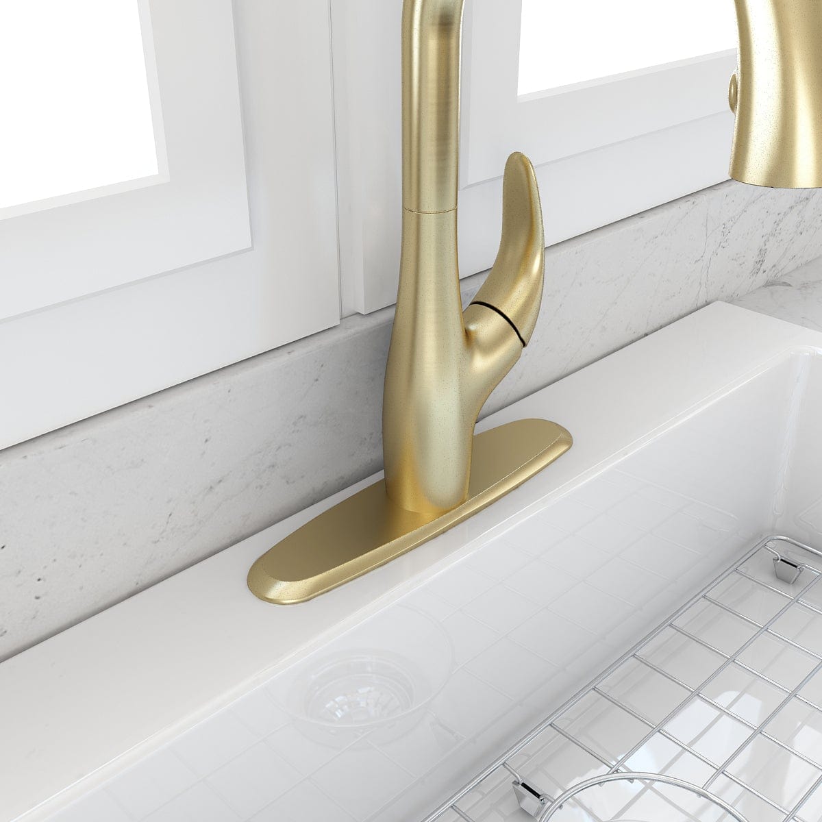 BOCCHI Traditional Kitchen Faucet Deck Plate Oval mounted on a white countertop with a sleek gold faucet.