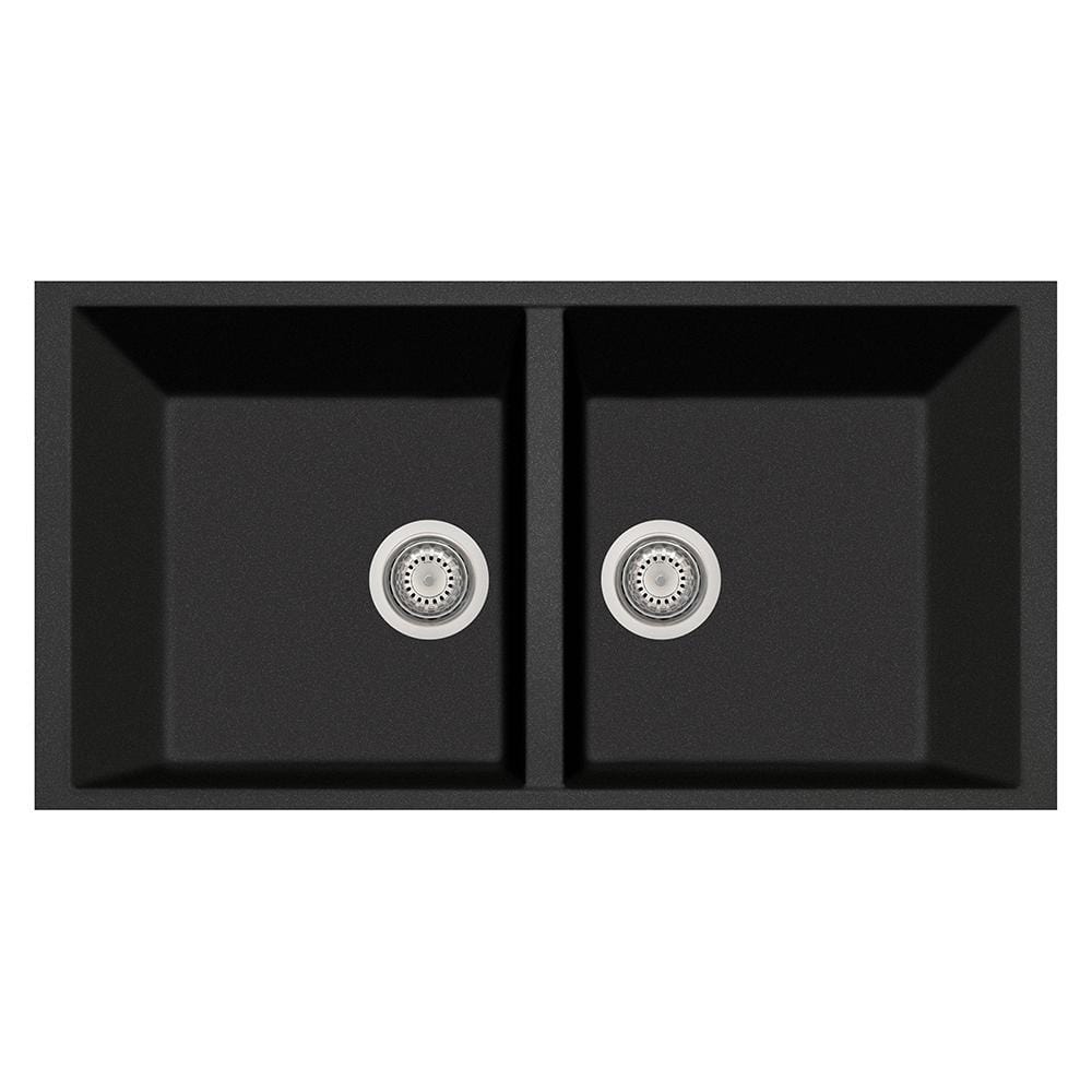 LaToscana Elegance Series 34" Undermount Double Bowl Kitchen Sink front view in sleek black finish