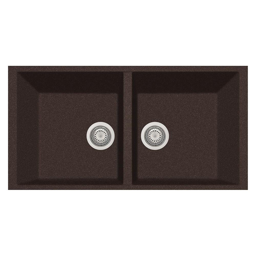 LaToscana Elegance Series 34" Undermount Double Bowl Kitchen Sink top view in brown with two drainage holes.