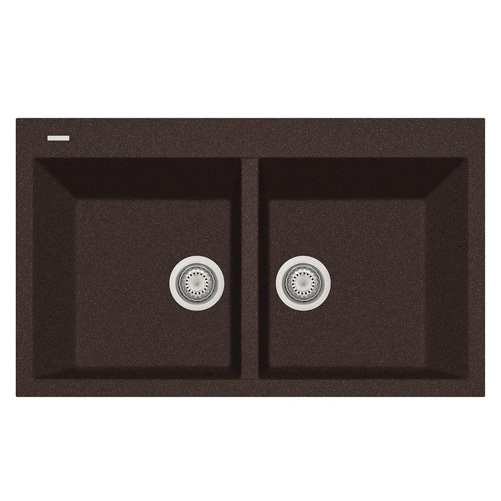 LaToscana Plados 34" Drop-In Double Bowl Kitchen Sink in Brown, front view showcasing elegant Italian granite composite design.