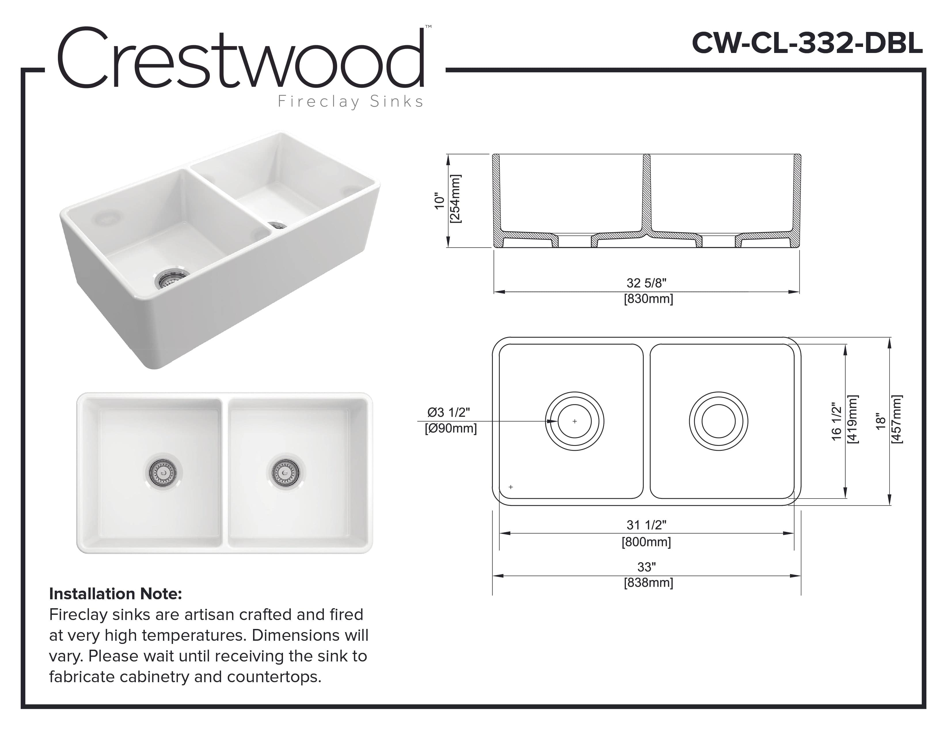 Crestwood 33" Classic Double Bowl Fireclay Sink
