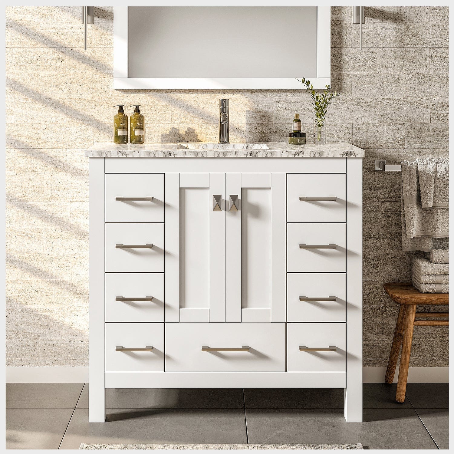 Eviva Hampton 36 x 18 White Transitional Bathroom Vanity with White Carrara Top