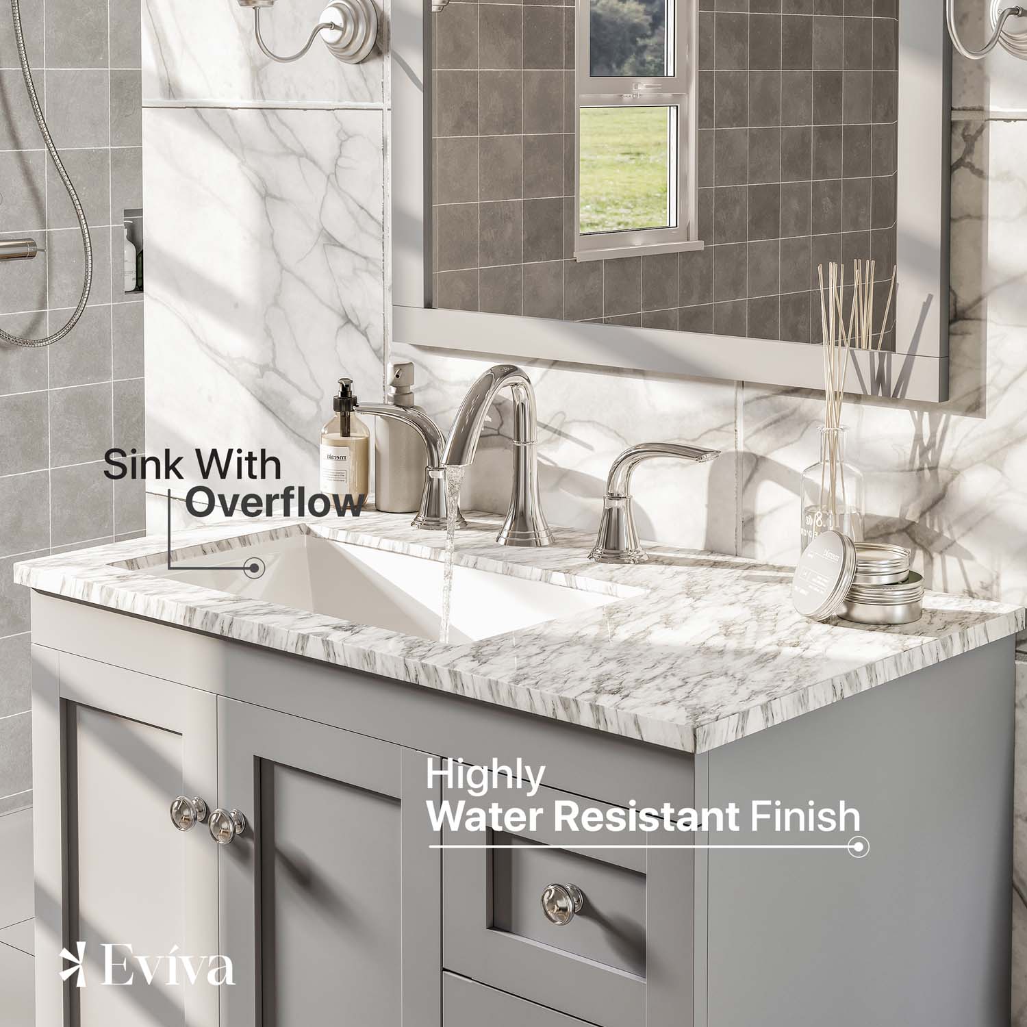 Eviva Acclaim C 30" Transitional Grey Bathroom Vanity with White Carrera Marble Counter-Top