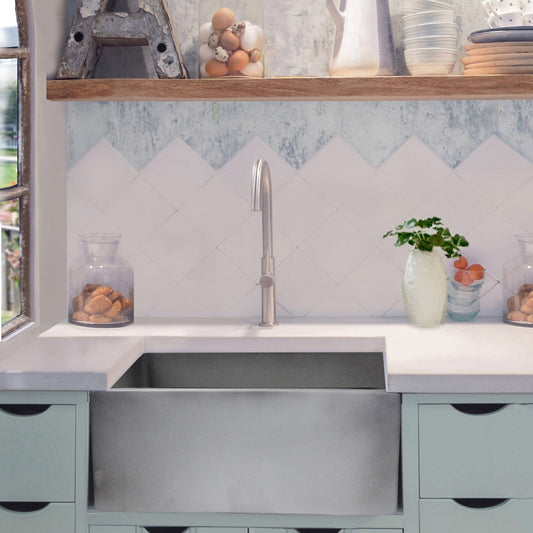Nantucket 23" Fireclay Farmhouse with Concrete Finish - FCFS2418S-Concrete displayed in a modern kitchen setting.