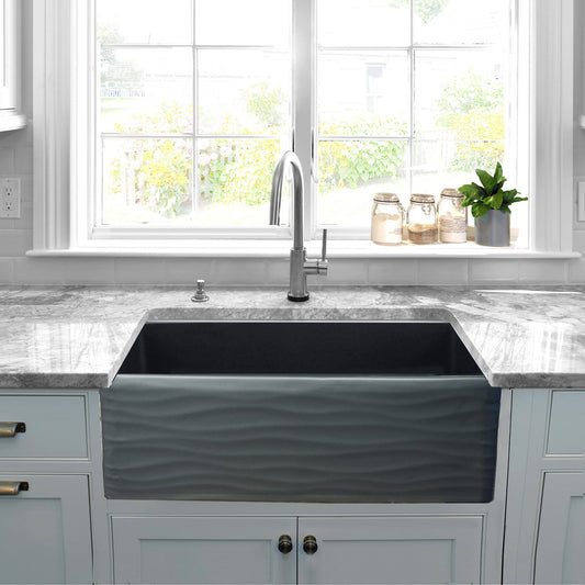 Nantucket 33" Fireclay Farmhouse with Waves Apron - FCFS3320S-MB-Waves in matte black kitchen setting.