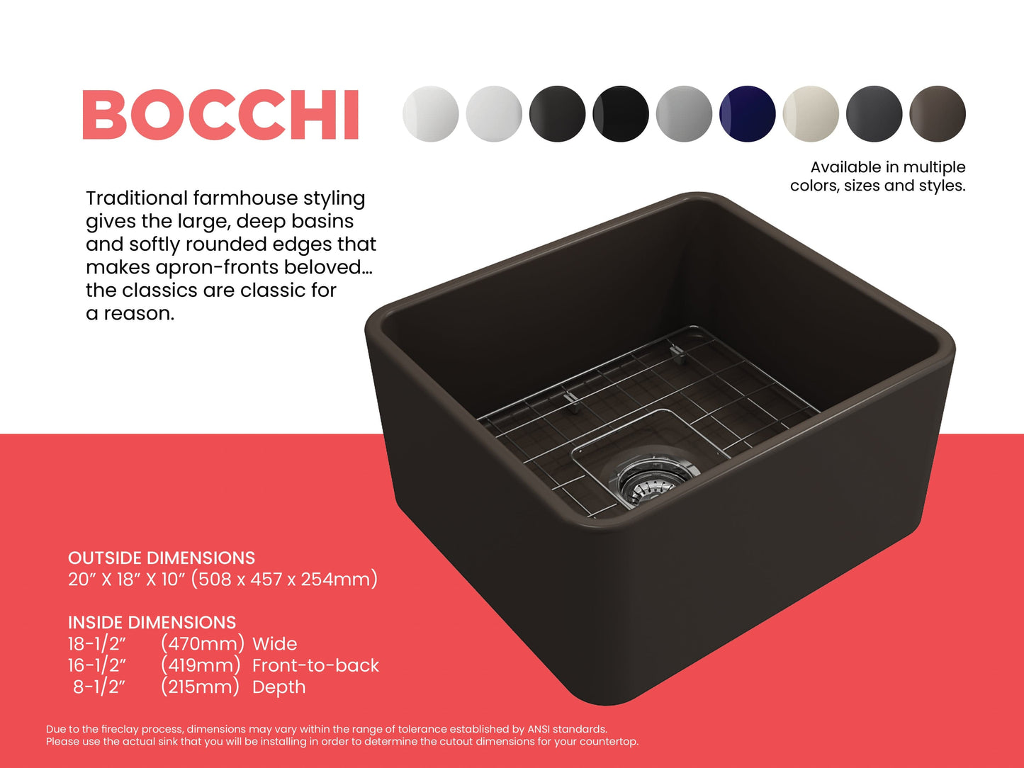 BOCCHI CLASSICO 20" Fireclay Farmhouse Single Bowl Kitchen Sink with Protective Bottom Grid and Strainer right side view brown