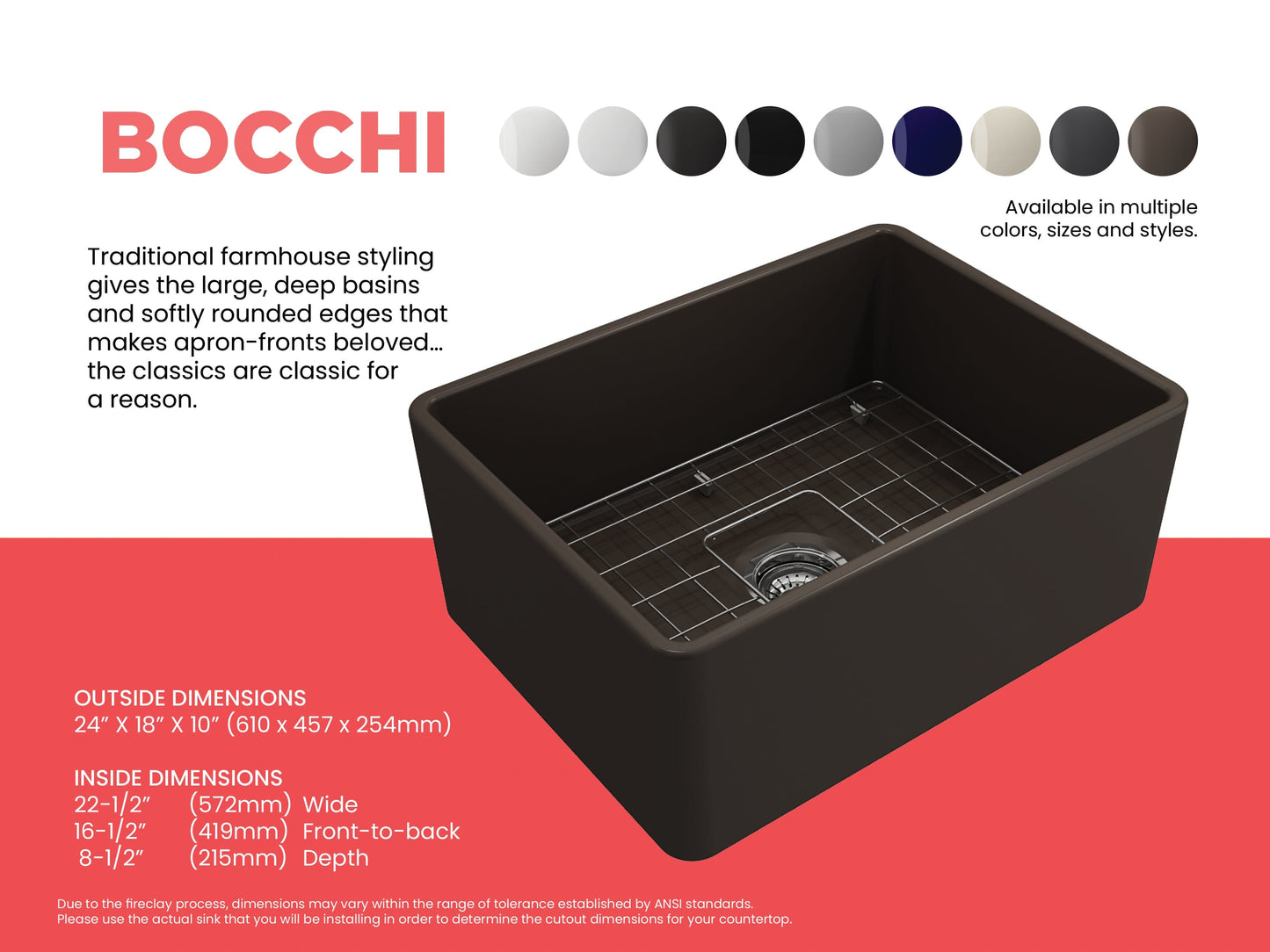 BOCCHI Classico 24" Fireclay Farmhouse Apron Single Bowl Kitchen Sink with traditional styling and dimensions.