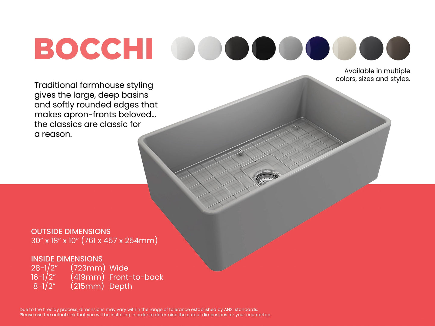 BOCCHI CLASSICO 30" Fireclay Farmhouse Single Bowl Kitchen Sink with Protective Bottom Grid and Strainer - front view in gray finish.