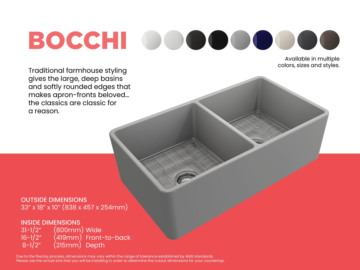 BOCCHI Classico 33" Fireclay Farmhouse Apron 50/50 Double Bowl Kitchen Sink with dimensions and colors