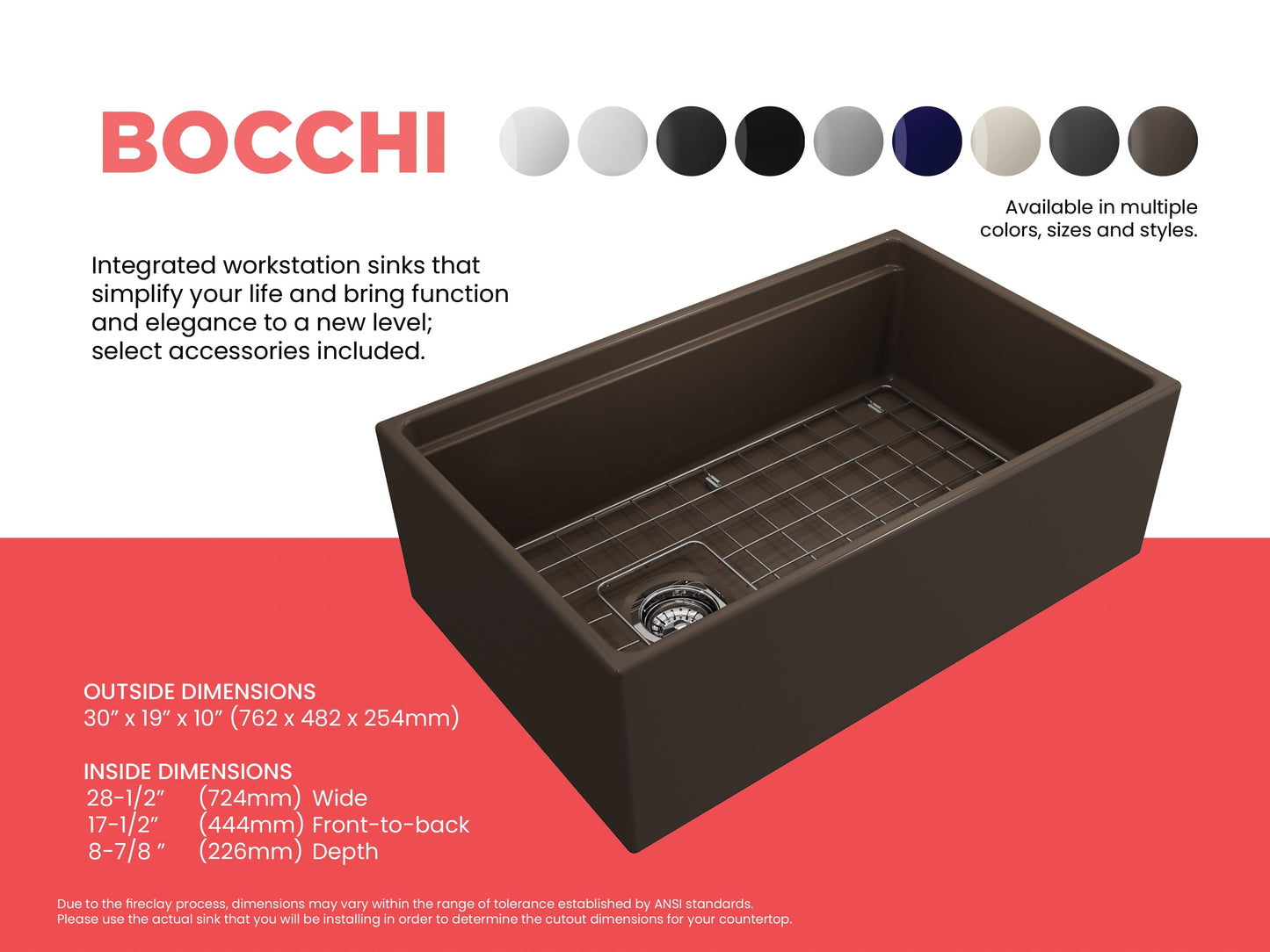 Color comparison sheet for matte brown BOCCHI CONTEMPO 30" Fireclay Farmhouse sink with workstation ledge and accessories