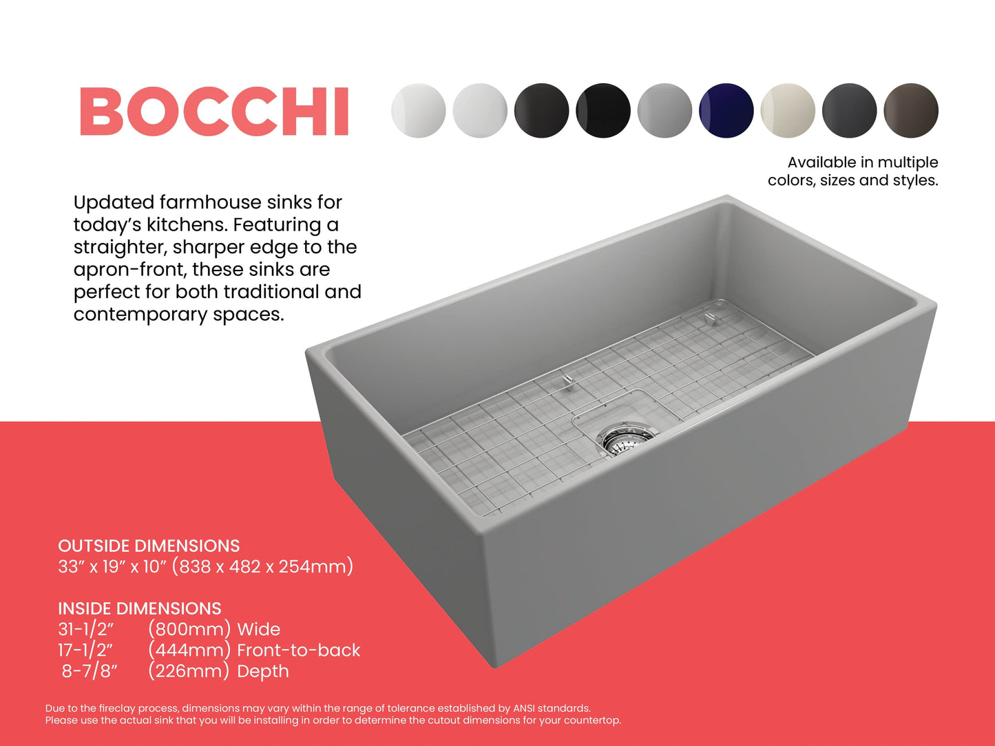 Feature sheet highlighting measurements and available colors for Matte Gray Bocchi Contempo 33" Fireclay Farmhouse sink with center drain, bottom grid and strainer