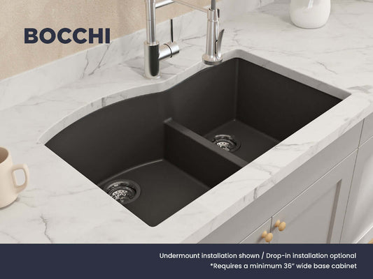 BOCCHI CAMPINO DUO 33" Dual Mount 60/40 Double Bowl Granite Kitchen Sink with Strainers in matte black under mount view.