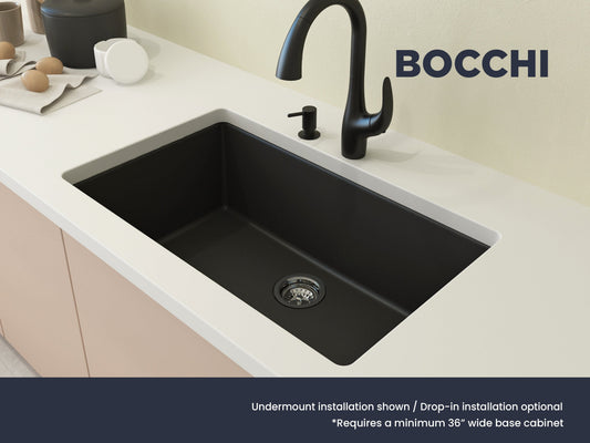 Bocchi Granite Kitchen Sink with modern faucet and spacious bowl in a stylish kitchen setting.