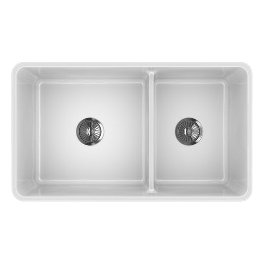 Latoscana 33" Fireclay Farmhouse Sink, 60/40 Double Bowl, White, LTD3319W top view with two bowl design.