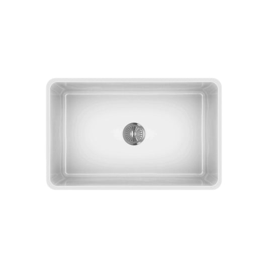 Top view of Latoscana 30" Reversible Fireclay Single Bowl Farmhouse Sink - LTW3019W showcasing its sleek design and drain.