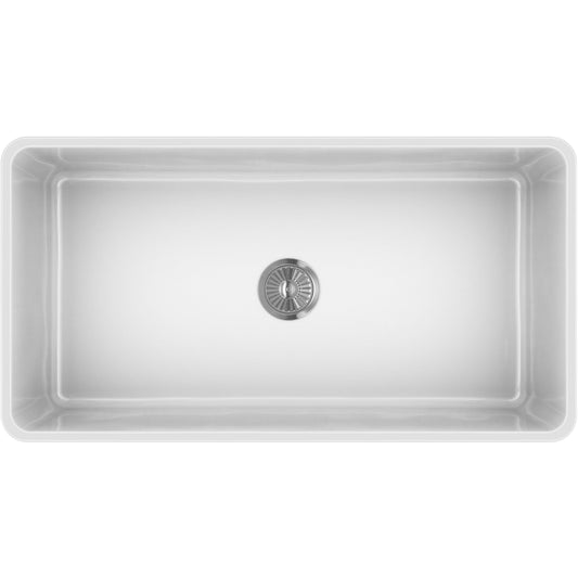 Top view of Latoscana 36" Reversible Fireclay Single Bowl Farmhouse Sink showing spacious design and drain.