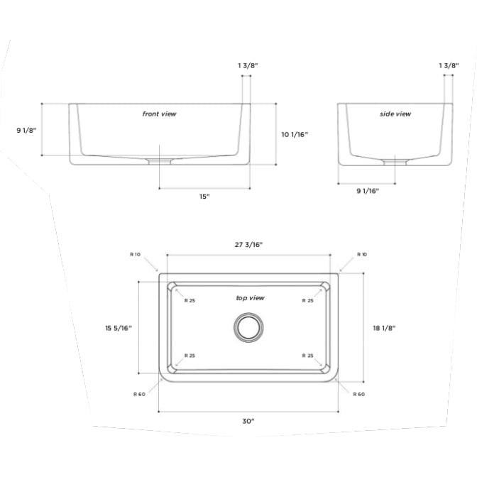 Latoscana 30" Reversible Fireclay Single Bowl Farmhouse Sink - LFS3018W dimensions front side top view diagram