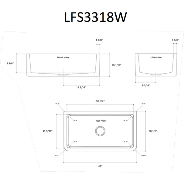 Latoscana 33" Reversible Fireclay Single Bowl Farmhouse Sink dimensions front, side, and top view schematic drawing.