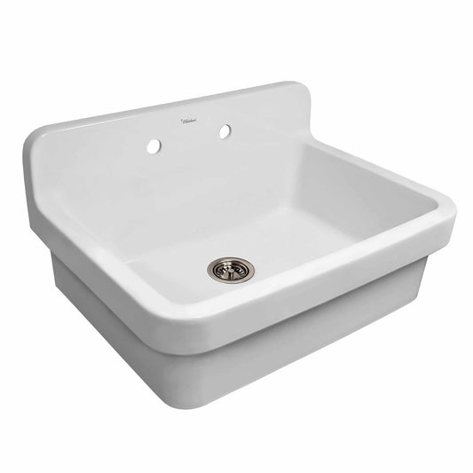 WHITEHAUS 30" Old Fashioned Country Fireclay Utility Sink with High Backsplash OFCH2230 in glossy white finish.