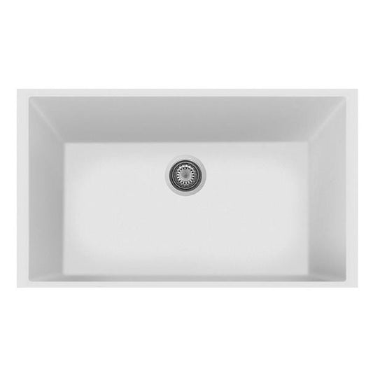 Top view of LaToscana One Series 33" Undermount Single Bowl Kitchen Sink in white with drain.