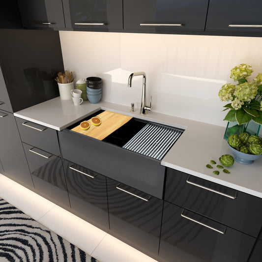 Nantucket 33" Reversible Workstation Granite Composite Apron Sink with Accessory Pack - PR3320-APS-BL showcased in modern kitchen.