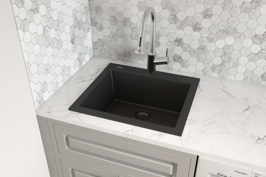Ruvati epiGranite 22" Topmount Single Bowl Kitchen Sink RVG1022 in Midnight Black with faucet on marble countertop