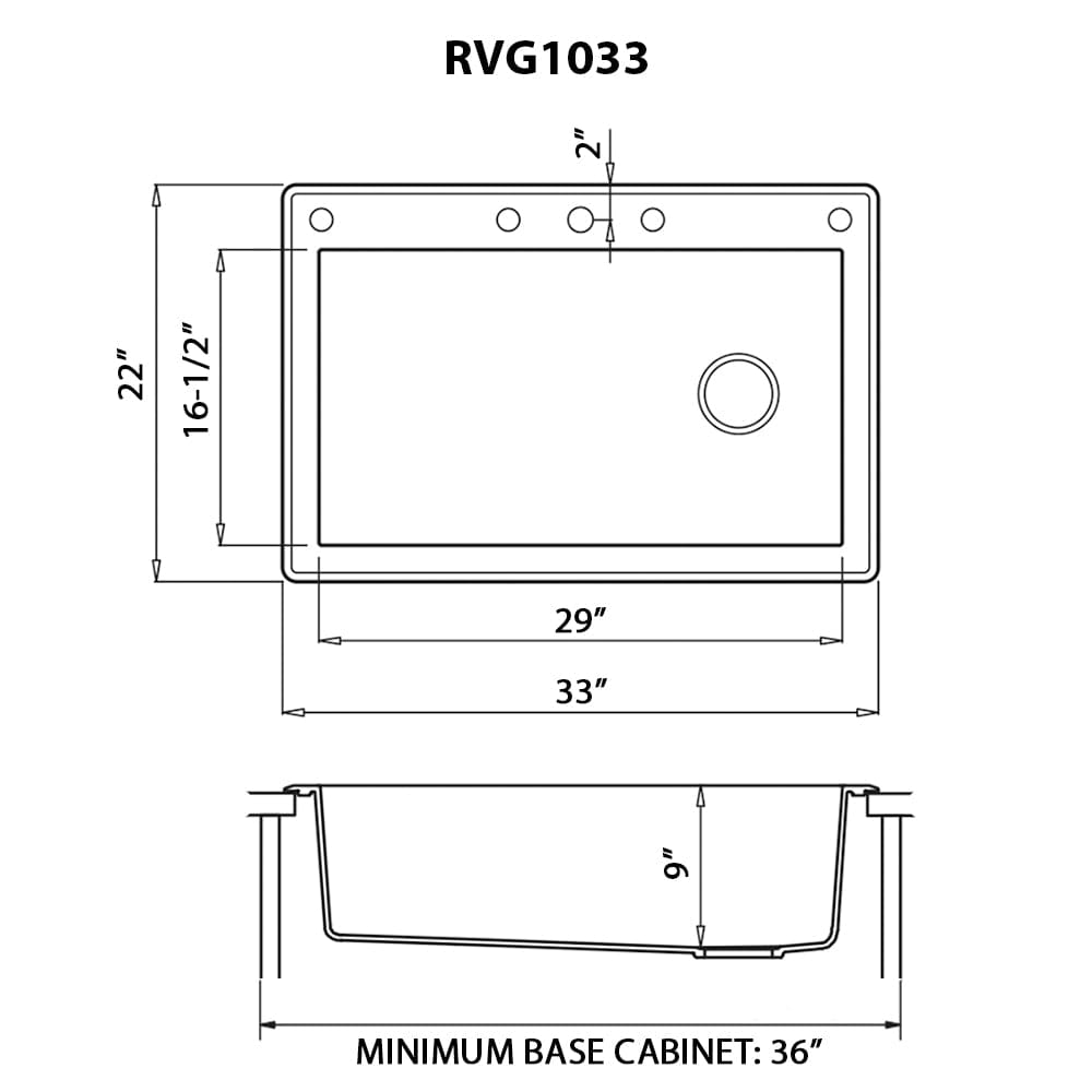 Technical drawing of Ruvati epiGranite 33" Topmount Single Bowl Kitchen Sink RVG1033RN dimensions and specifications.