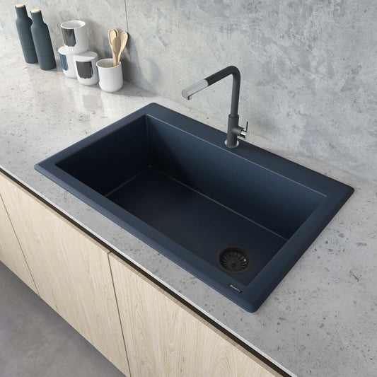 Ruvati epiGranite 33" Topmount Single Bowl Kitchen Sink RVG1033LU in Catalina Blue with modern faucet.