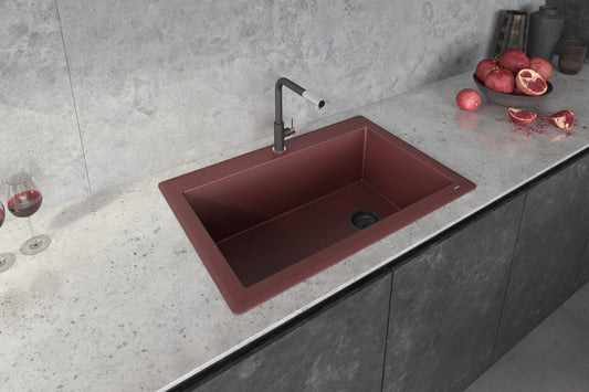 Ruvati epiGranite 33" Topmount Single Bowl Kitchen Sink RVG1033RD in a modern kitchen setting with pomegranates.