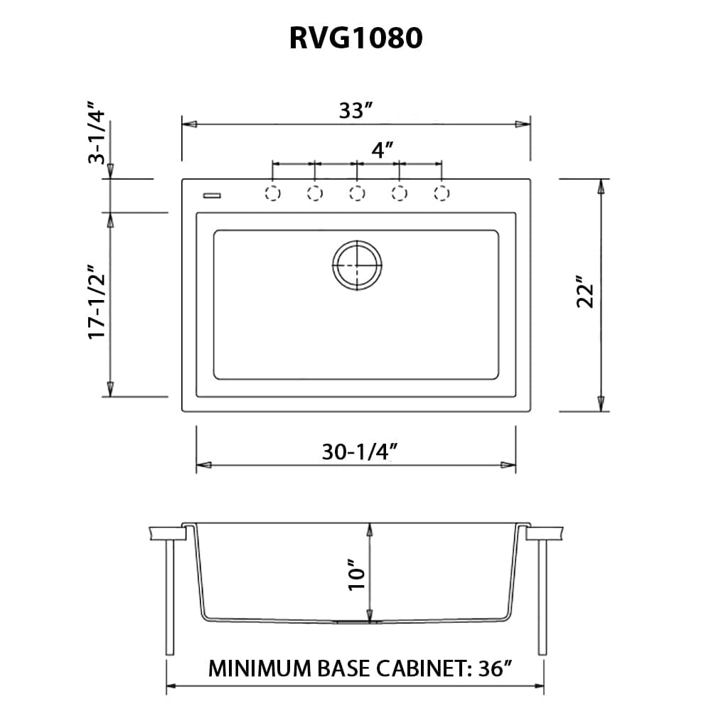 Ruvati epiGranite 33" Drop-in Granite Kitchen Sink RVG1080YL dimensions and specifications diagram