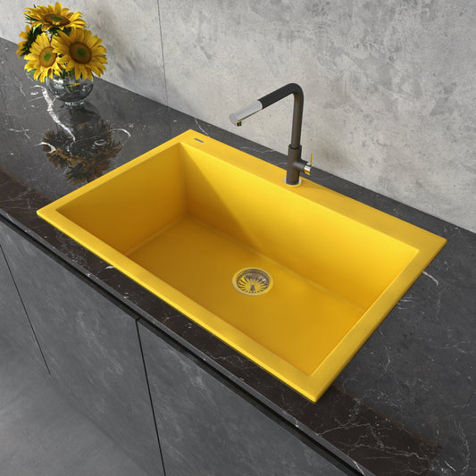 Ruvati epiGranite 33" Drop-in Granite Kitchen Sink RVG1080YL in bright Midas Yellow with black countertop and faucet.