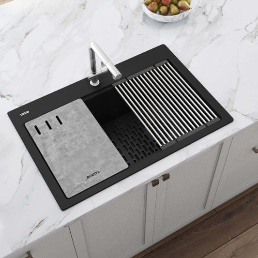 Ruvati epiStage 33" Workstation Drop-in Granite Kitchen Sink RVG1302BK with accessories on a kitchen counter.