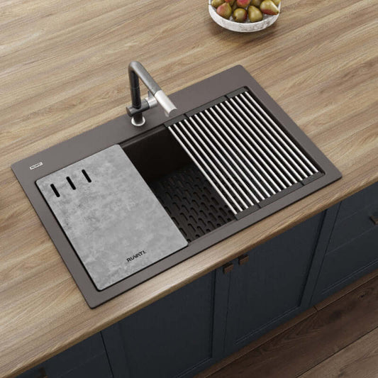 Ruvati epiStage 33" Workstation Drop-in Granite Kitchen Sink RVG1302ES with accessories on wooden countertop