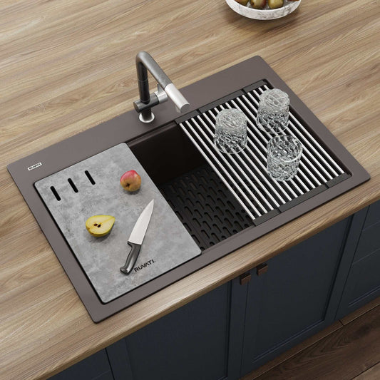 Ruvati epiStage 33" Workstation Drop-in Granite Kitchen Sink RVG1302ES with cutting board and glasses on countertop