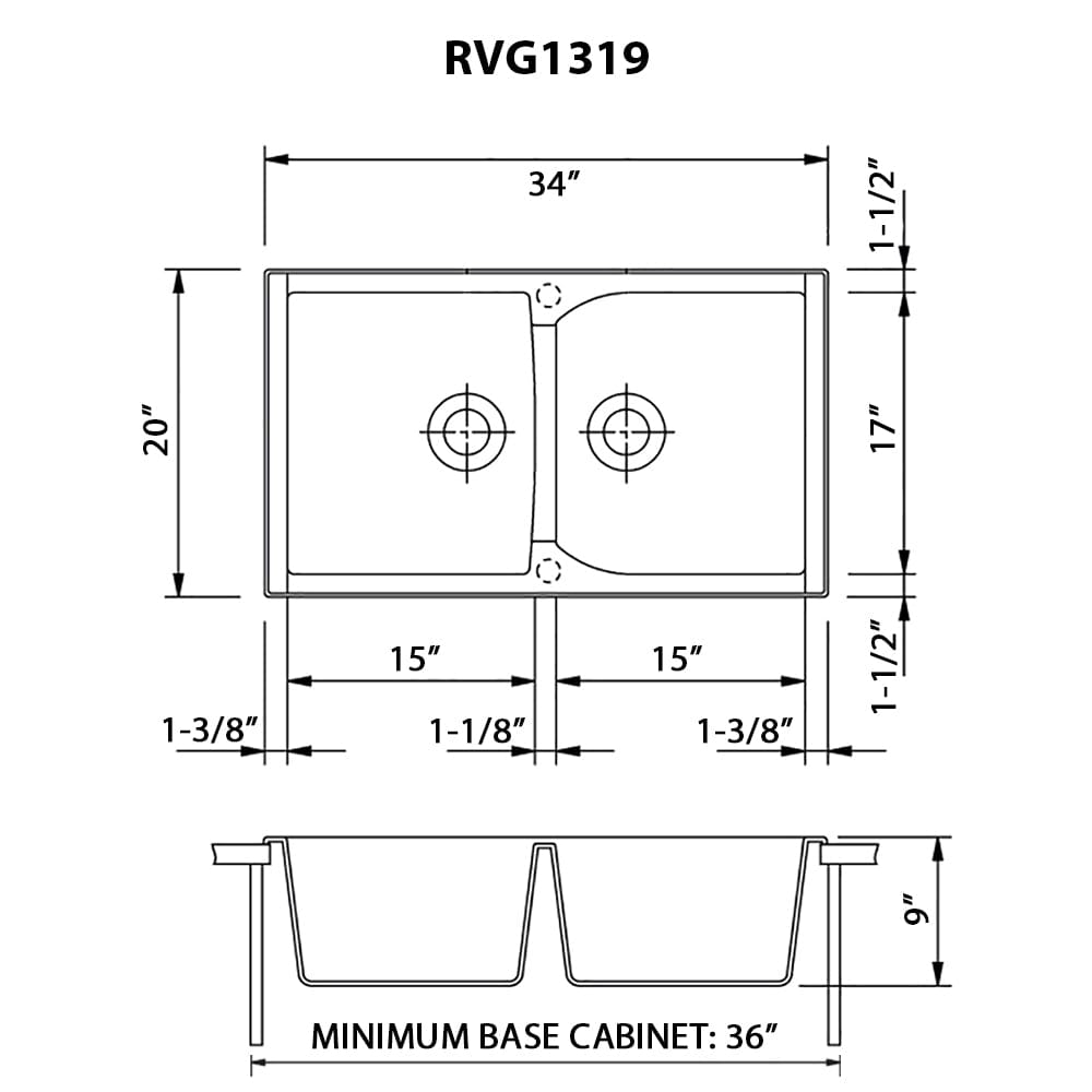Ruvati epiGranite 34" Double Bowl Granite Composite Kitchen Sink RVG1319WH dimensions diagram