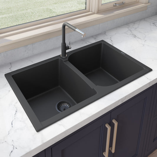 Ruvati epiGranite 34" Granite Composite Kitchen Sink RVG1319BK installed in modern kitchen with marble countertop.